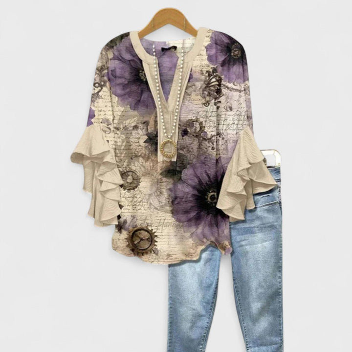 Damen Leichte Bluse Blumenprint V-Ausschnitt Rüschenärmel - Beige