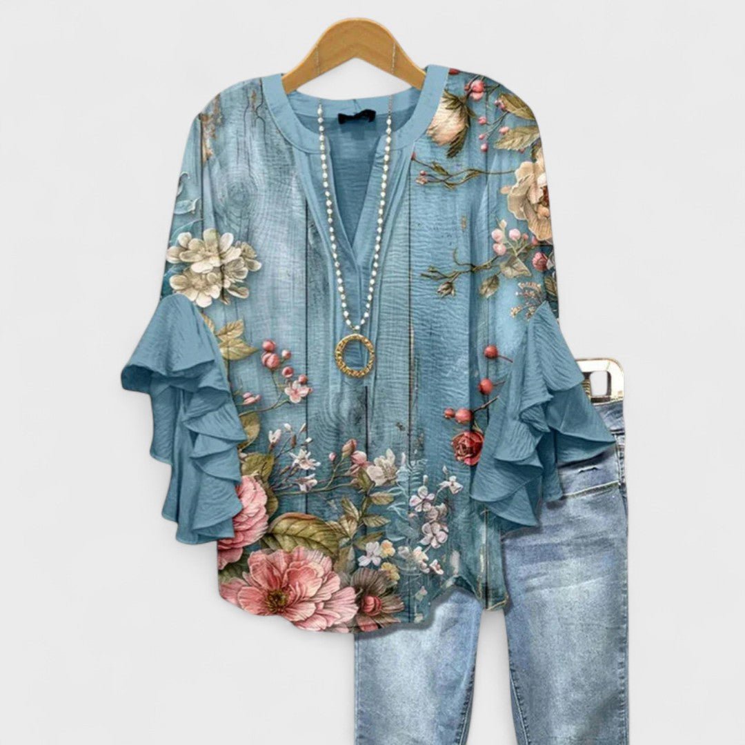 Damen Leichte Bluse Blumenprint V-Ausschnitt Rüschenärmel - Floral Blue