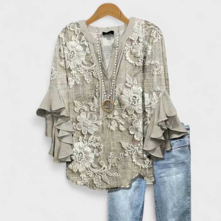 Damen Leichte Bluse Blumenprint V-Ausschnitt Rüschenärmel - Light Brown