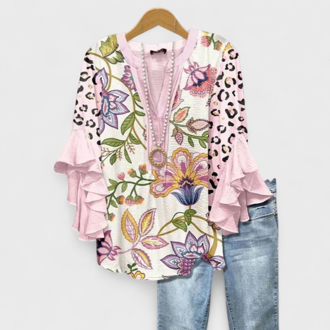 Damen Leichte Bluse Blumenprint V-Ausschnitt Rüschenärmel - Pink