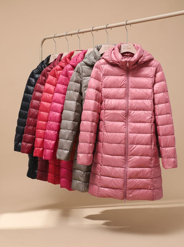 Damen Leichte Gesteppte Daunenjacke mit Kapuze Lang