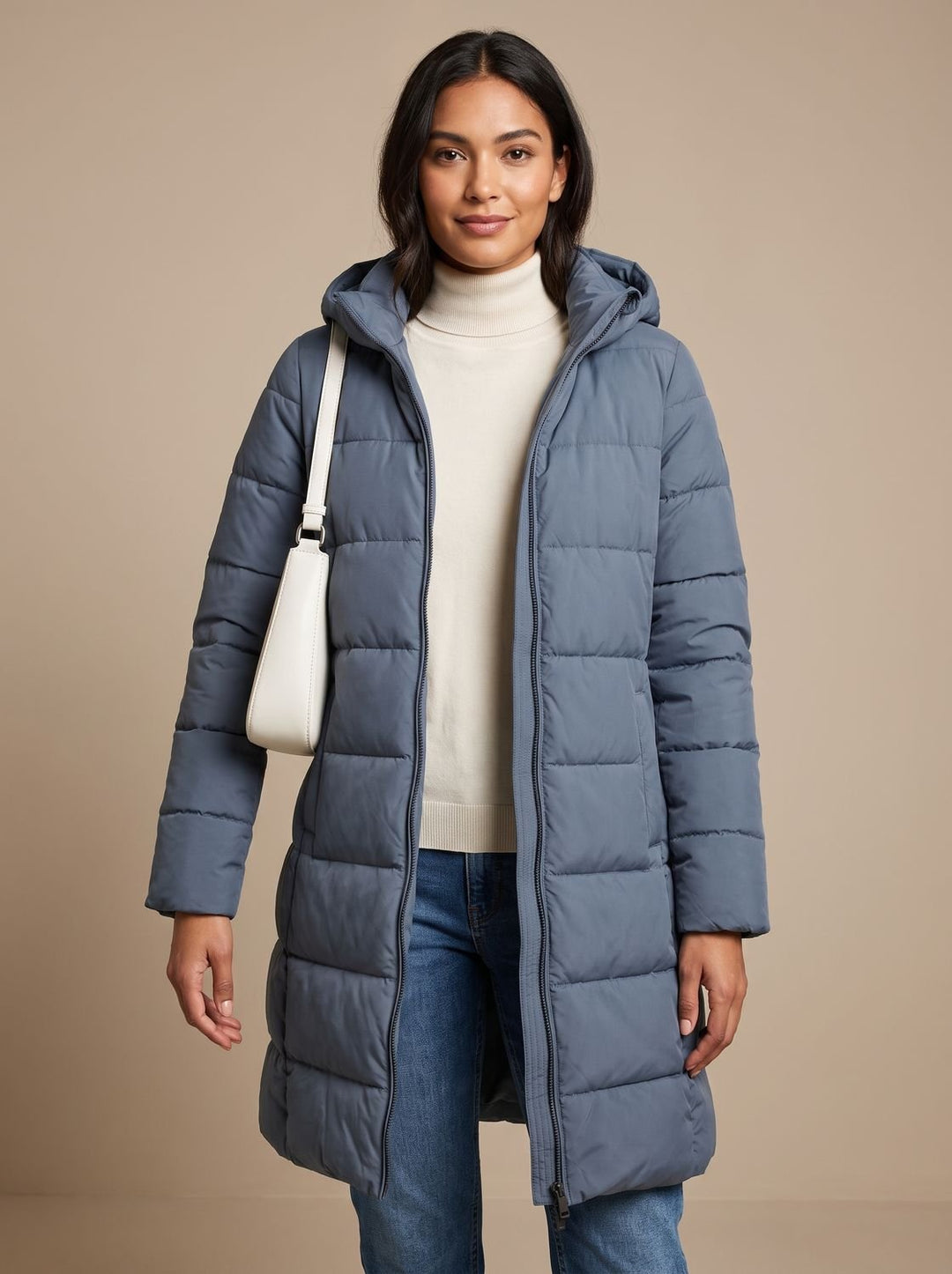 Damen Leichte Gesteppte Daunenjacke mit Kapuze Lang