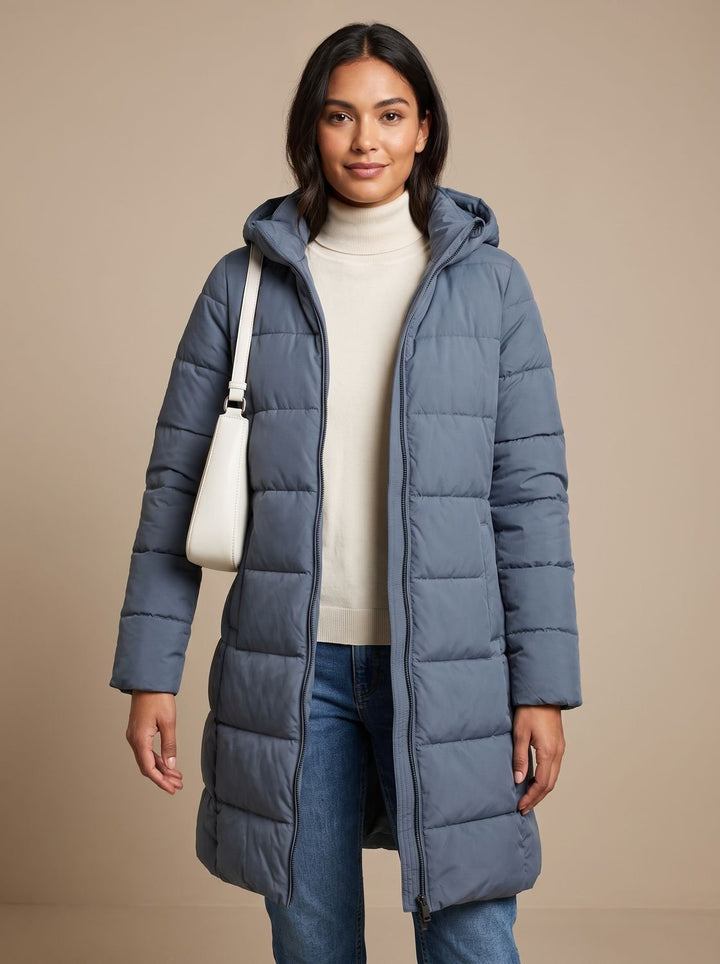 Damen Leichte Gesteppte Daunenjacke mit Kapuze Lang