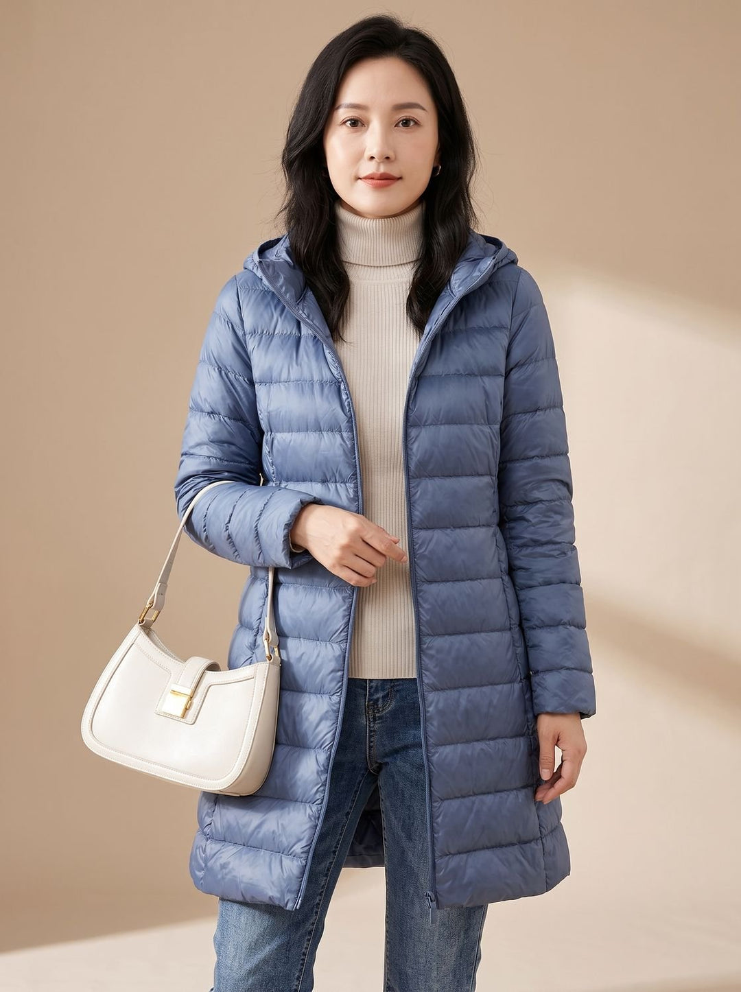 Damen Leichte Gesteppte Daunenjacke mit Kapuze Lang - Blau