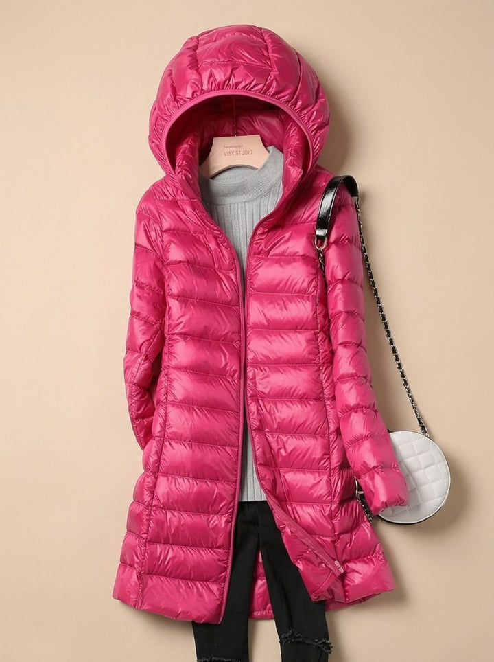 Damen Leichte Gesteppte Daunenjacke mit Kapuze Lang - Fuchsia