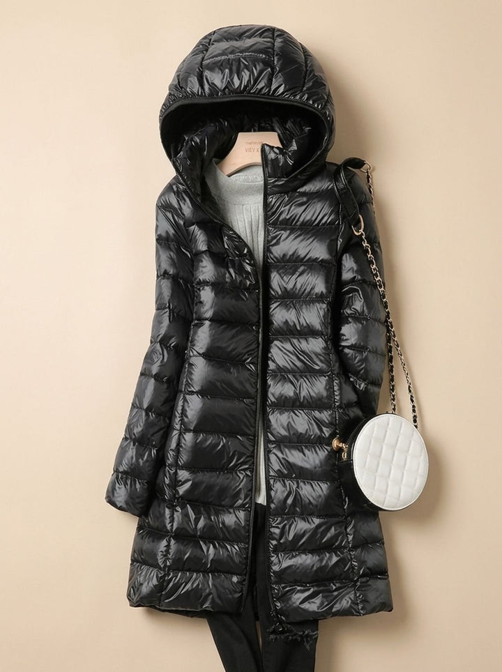 Damen Leichte Gesteppte Daunenjacke mit Kapuze Lang - Schwarz