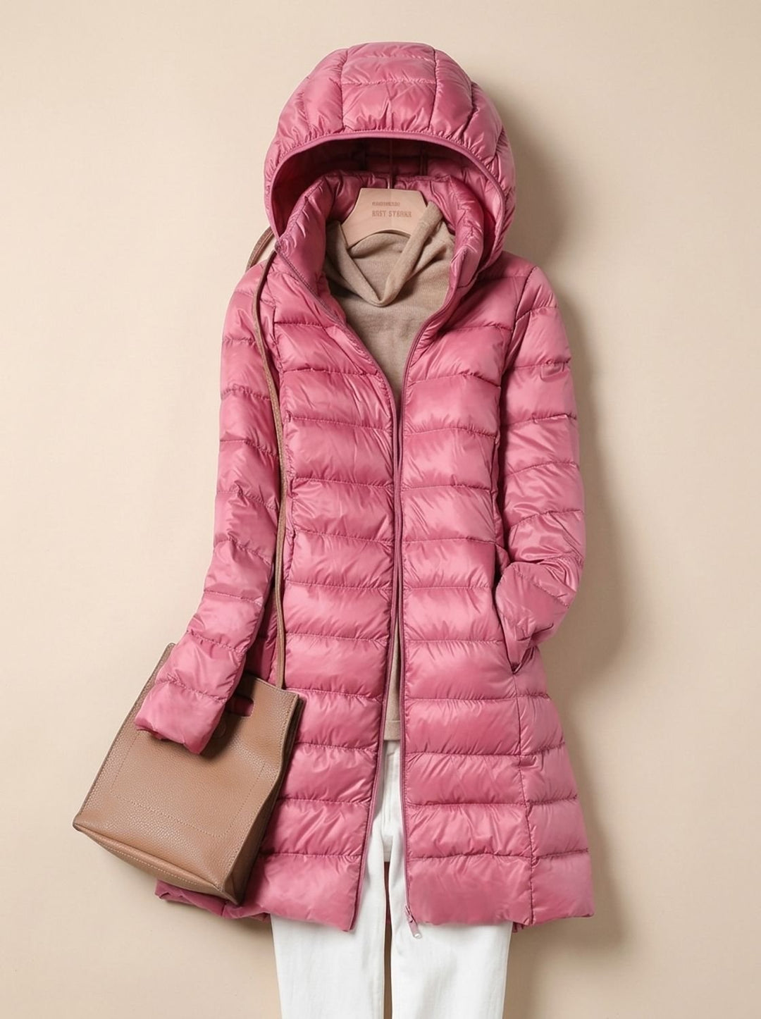 Damen Leichte Gesteppte Daunenjacke mit Kapuze Lang - Rosa