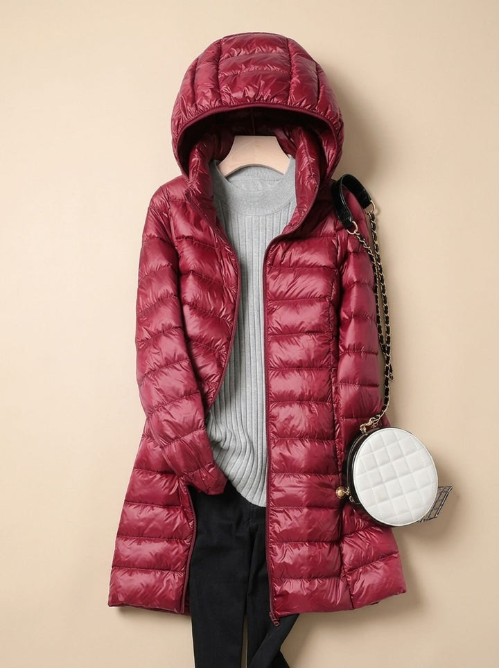 Damen Leichte Gesteppte Daunenjacke mit Kapuze Lang - Bordeauxrot