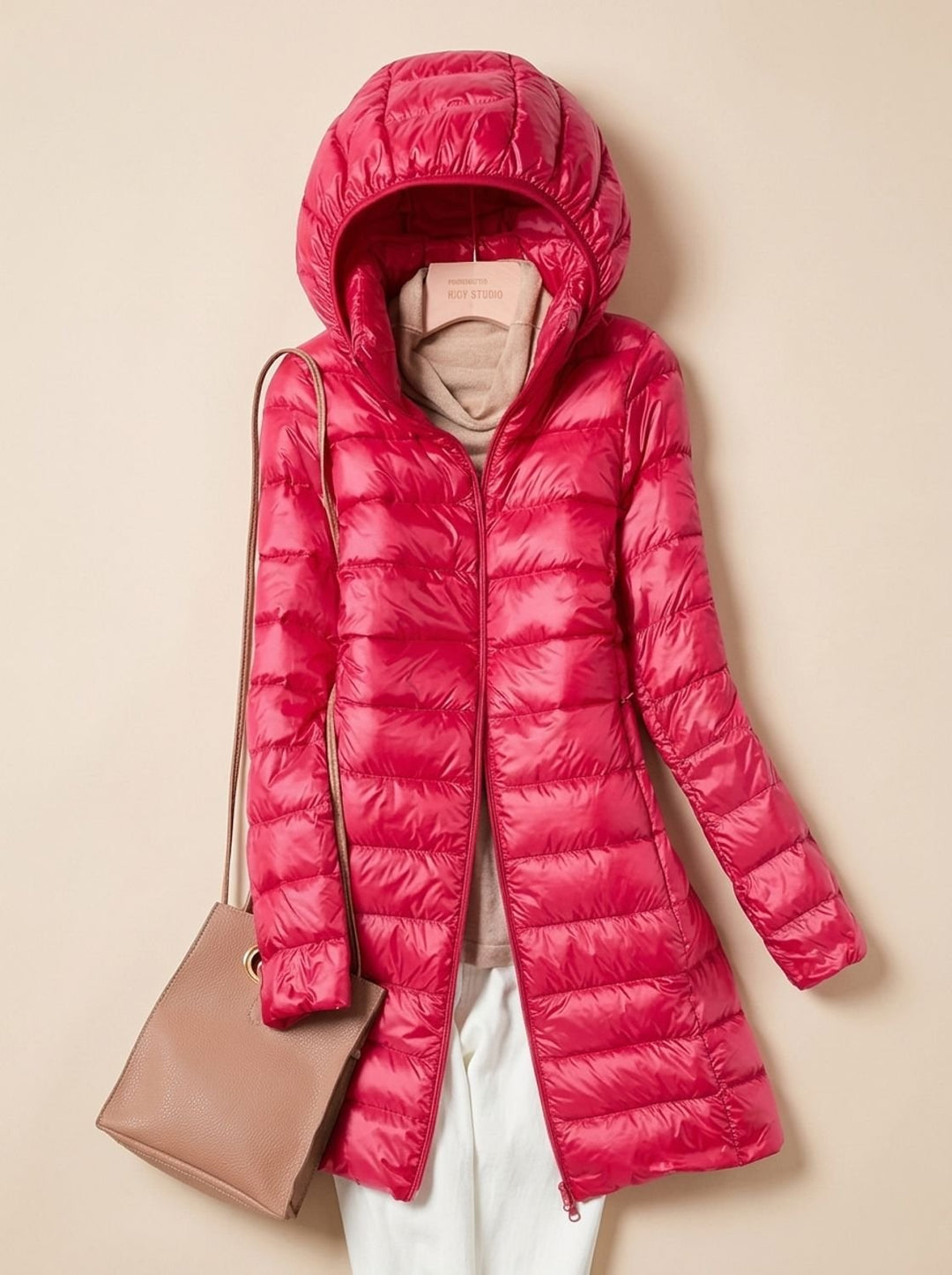 Damen Leichte Gesteppte Daunenjacke mit Kapuze Lang - Rot