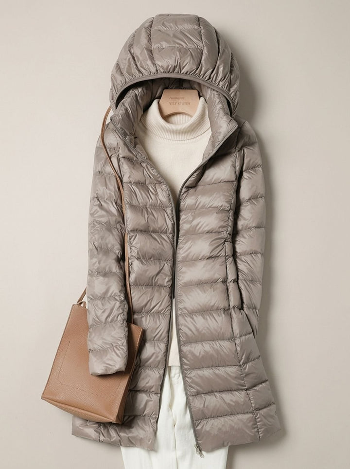 Damen Leichte Gesteppte Daunenjacke mit Kapuze Lang - Khaki