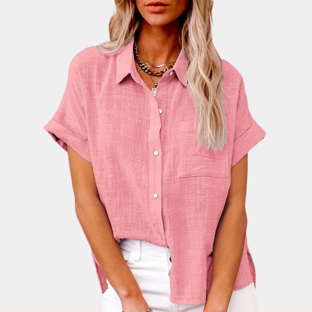 Damen Leichte Kurzarm Brusttaschen Hemdbluse - Pink