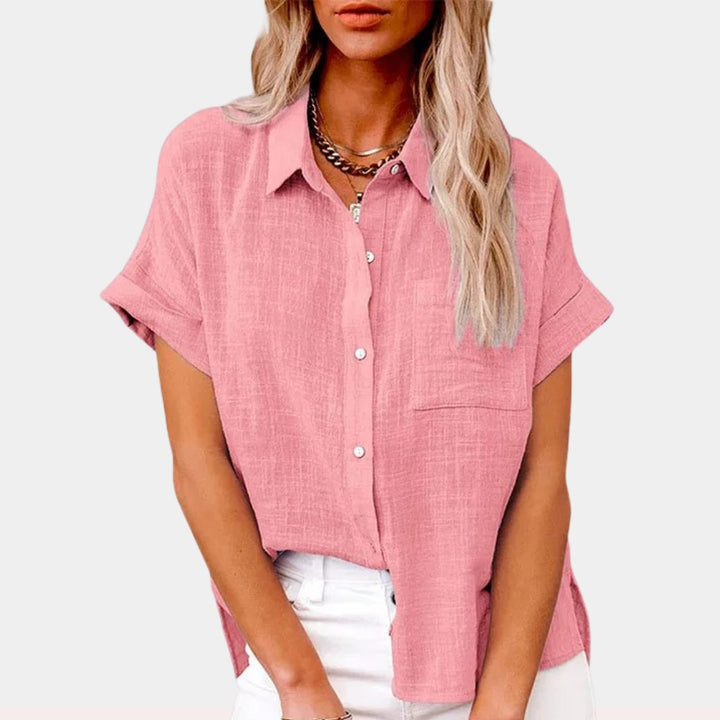 Damen Leichte Kurzarm Brusttaschen Hemdbluse - Pink