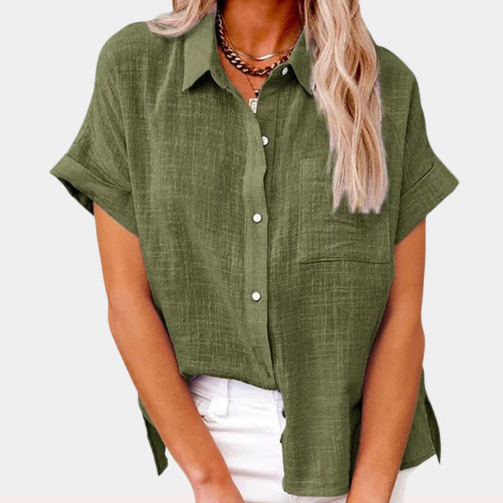 Damen Leichte Kurzarm Brusttaschen Hemdbluse - Green