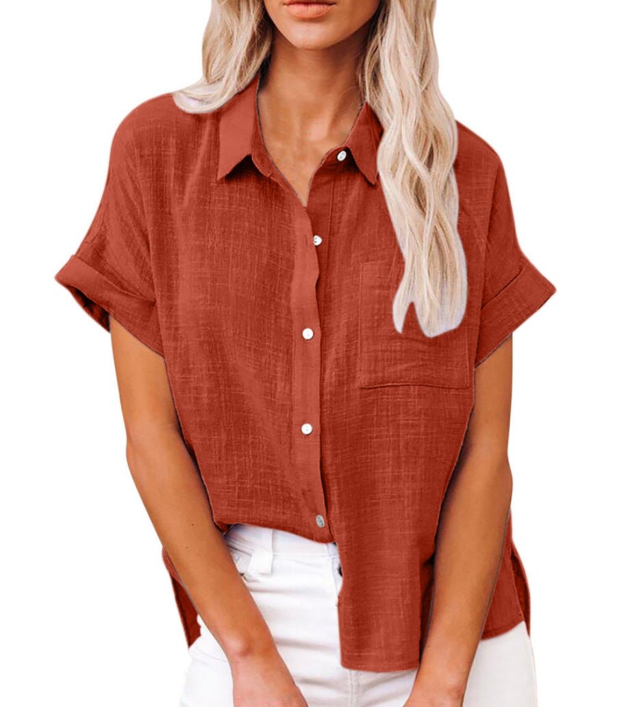 Damen Leichte Kurzarm Brusttaschen Hemdbluse - Red