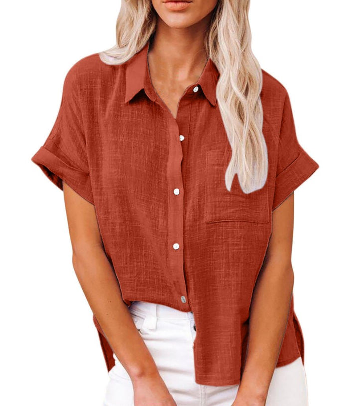 Damen Leichte Kurzarm Brusttaschen Hemdbluse - Red