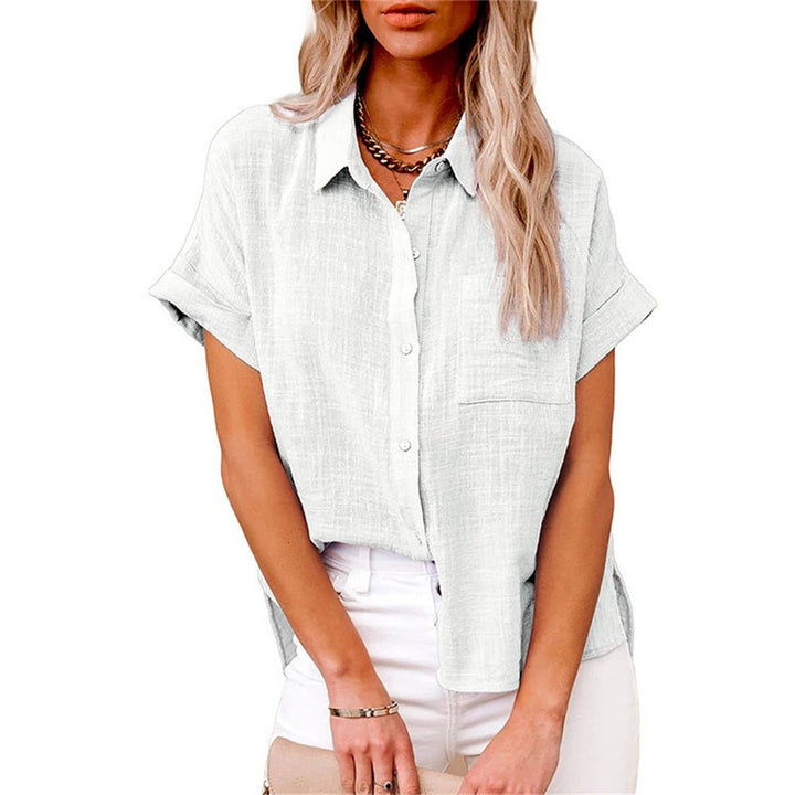 Damen Leichte Kurzarm Brusttaschen Hemdbluse - White
