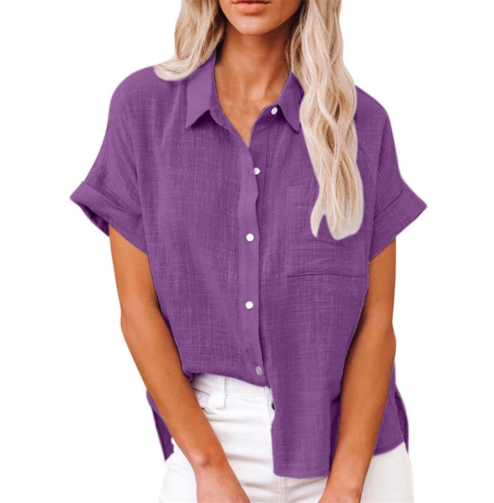 Damen Leichte Kurzarm Brusttaschen Hemdbluse - Purple