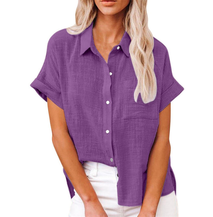 Damen Leichte Kurzarm Brusttaschen Hemdbluse - Purple