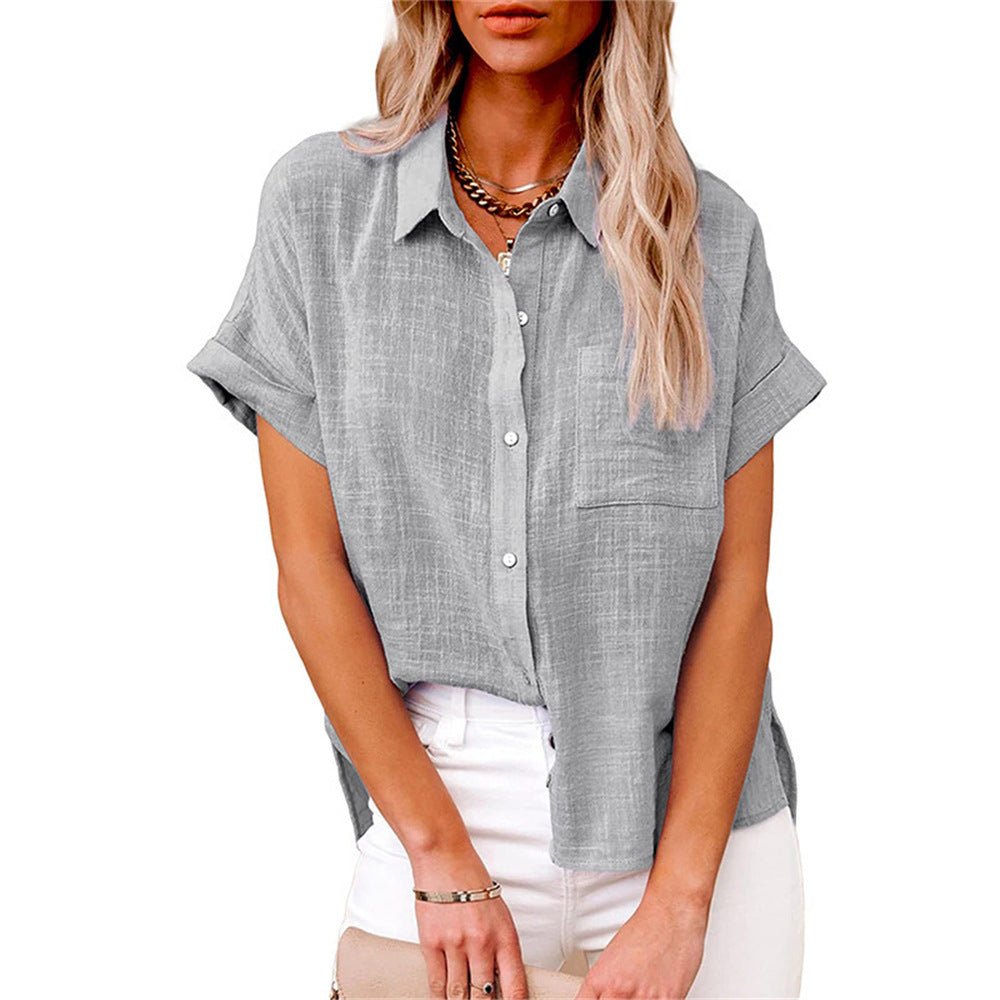Damen Leichte Kurzarm Brusttaschen Hemdbluse - Gray
