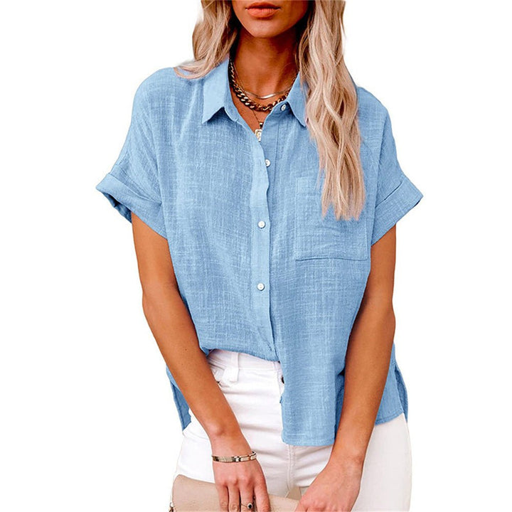 Damen Leichte Kurzarm Brusttaschen Hemdbluse - Light Blue