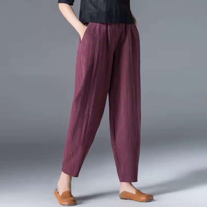 Damen Leichte Sommer Relaxed-Fit Knöchellange Hose - Burgundy