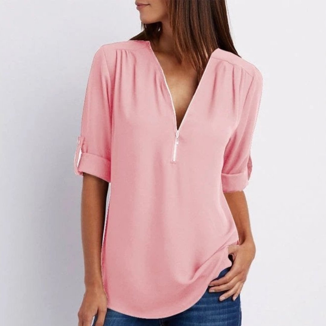 Damen Leichte Zip-V-Ausschnitt Krempelarm-Bluse - Pink