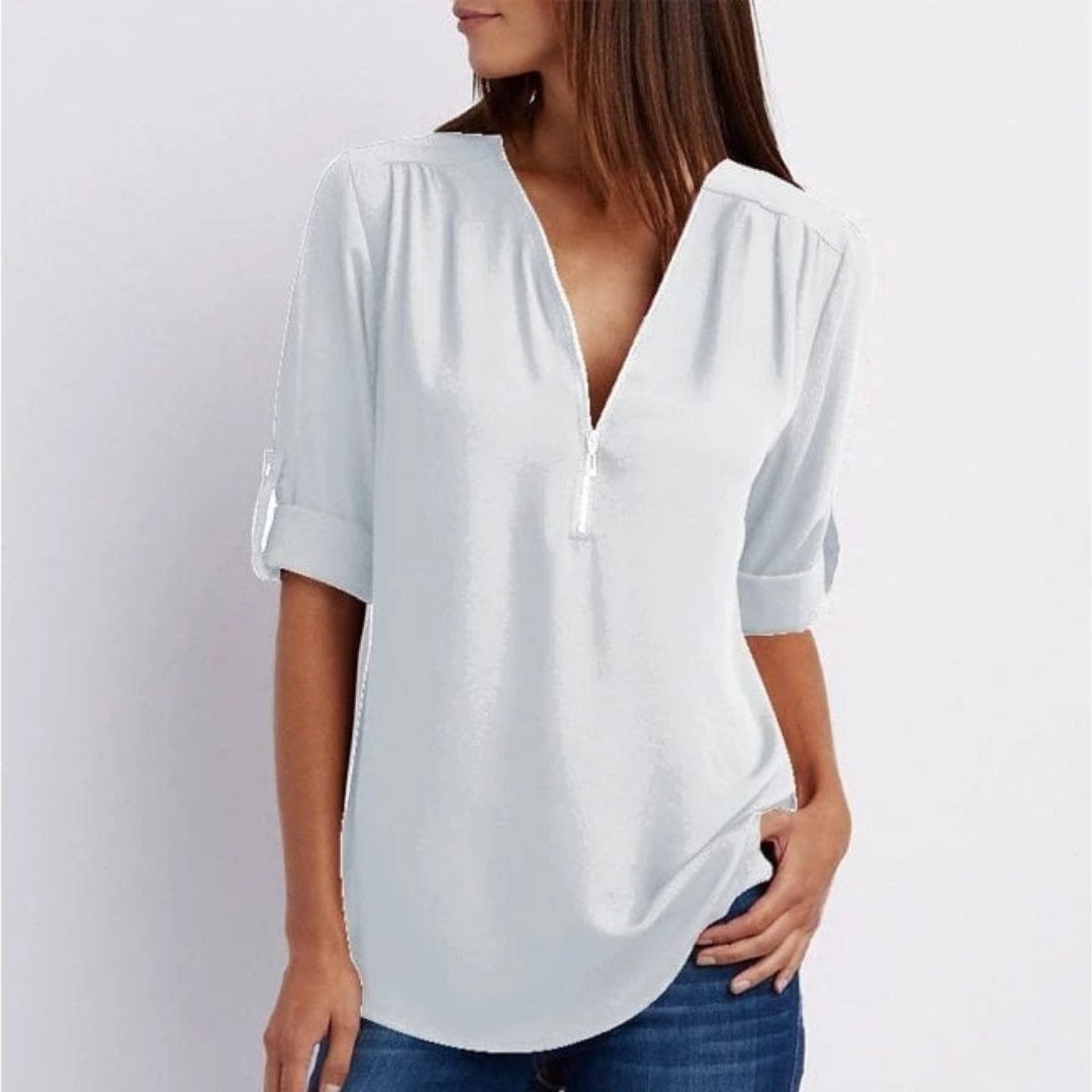 Damen Leichte Zip-V-Ausschnitt Krempelarm-Bluse - White