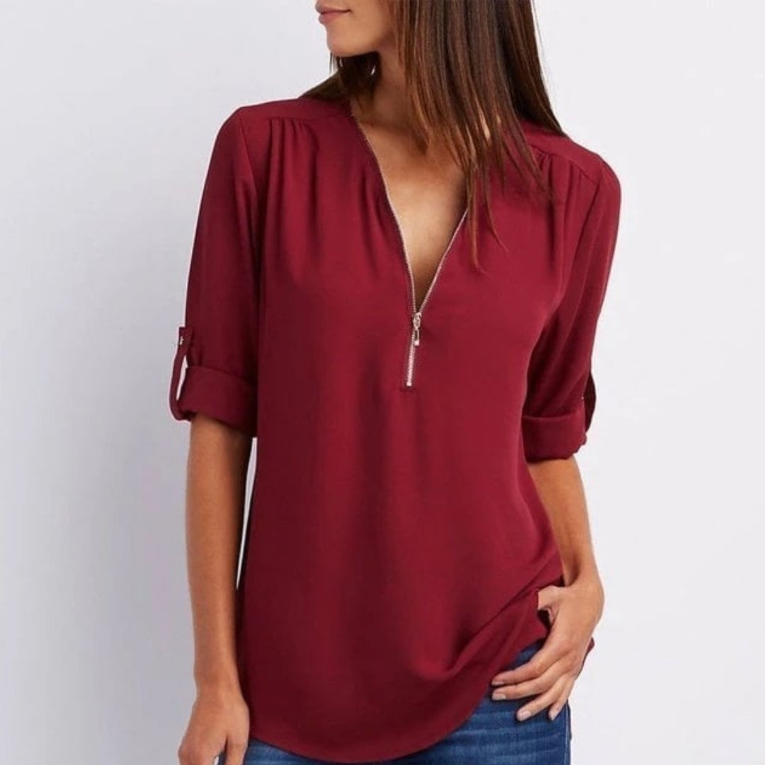 Damen Leichte Zip-V-Ausschnitt Krempelarm-Bluse - Dark Red
