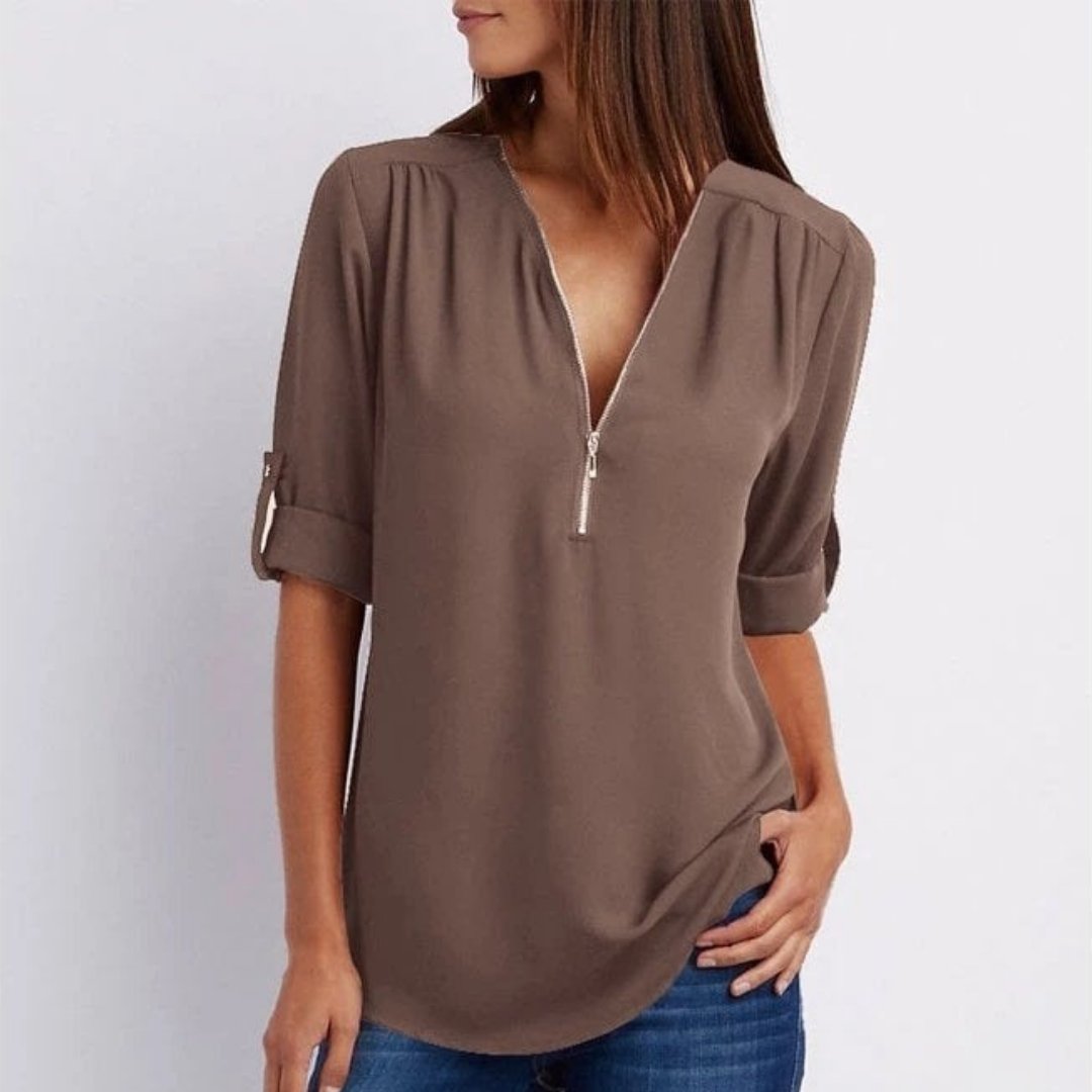 Damen Leichte Zip-V-Ausschnitt Krempelarm-Bluse - Mocha