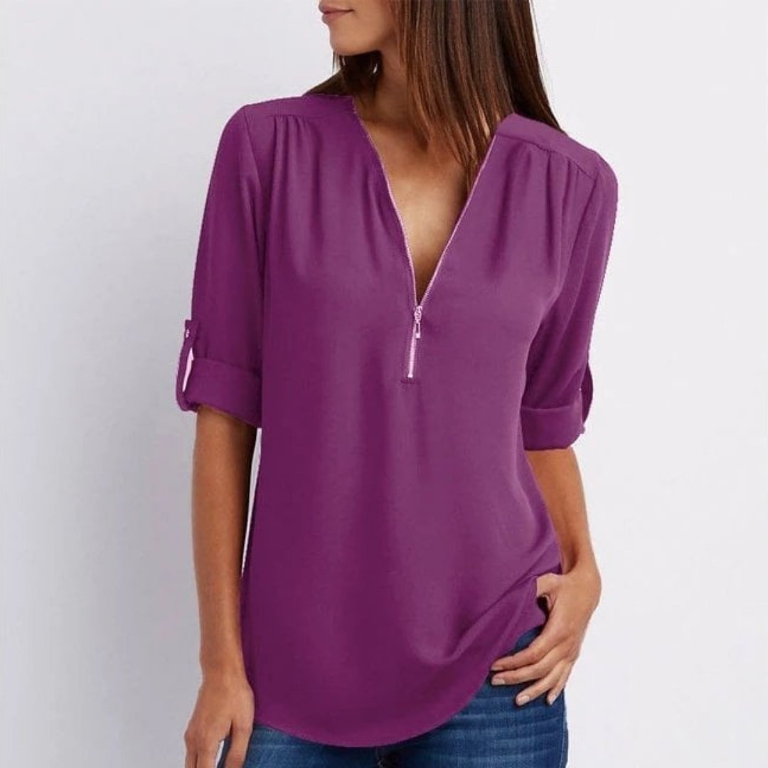 Damen Leichte Zip-V-Ausschnitt Krempelarm-Bluse - Purple