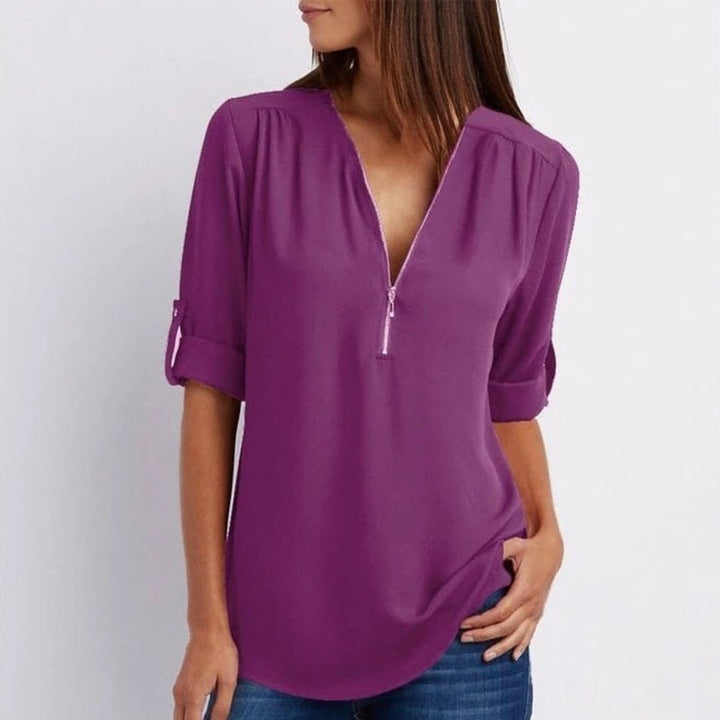 Damen Leichte Zip-V-Ausschnitt Krempelarm-Bluse - Purple