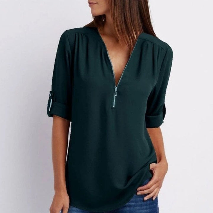 Damen Leichte Zip-V-Ausschnitt Krempelarm-Bluse - Dark Green