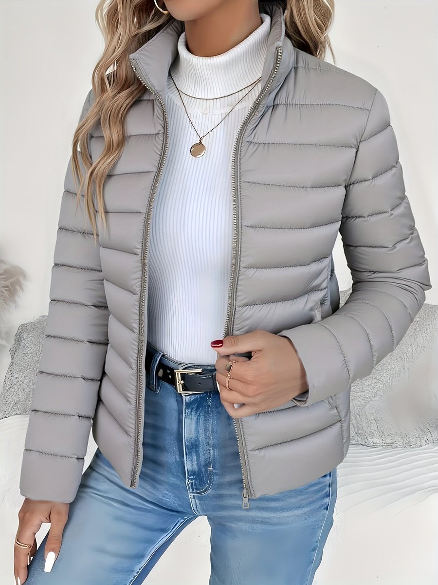 Damen Leichter Gesteppter Stehkragen Women Coat Reißverschluss - Grau