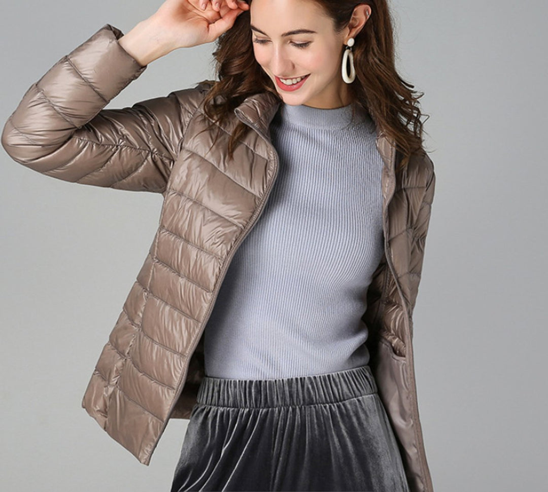 Damen Leichter Gesteppter Stehkragen Women Coat Reißverschluss - Khaki