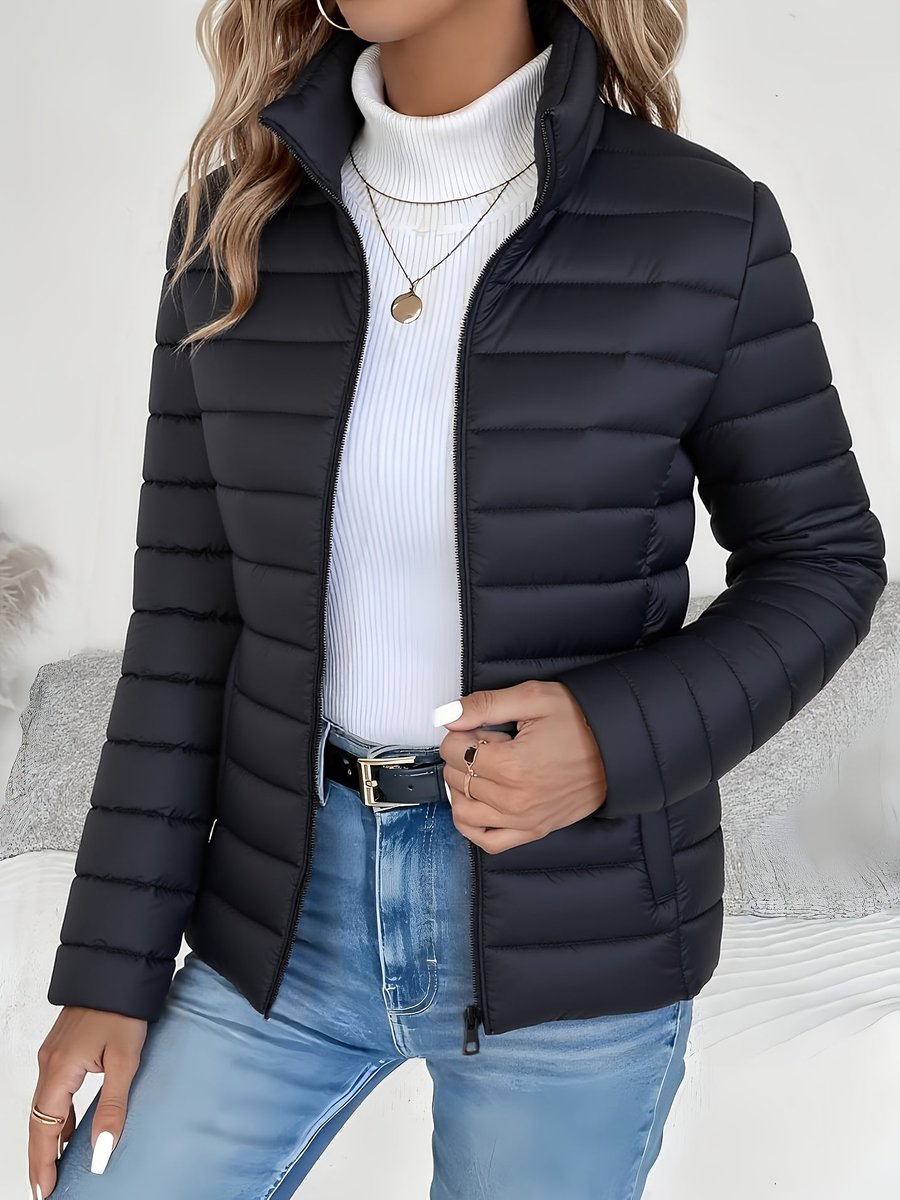 Damen Leichter Gesteppter Stehkragen Women Coat Reißverschluss - Schwarz