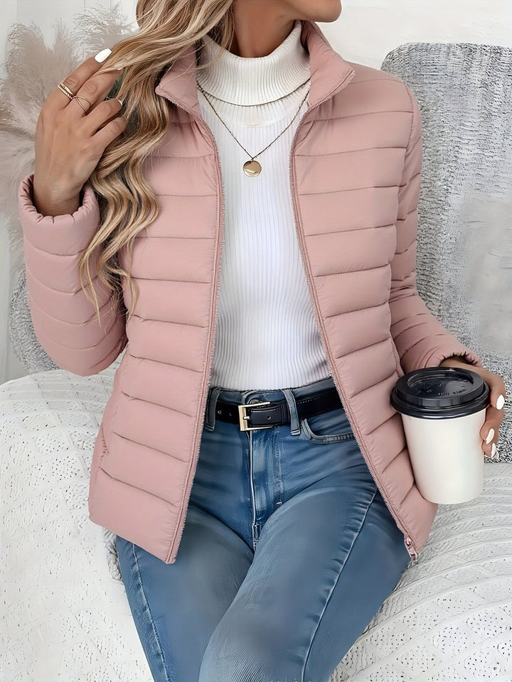 Damen Leichter Gesteppter Stehkragen Women Coat Reißverschluss - Rosa