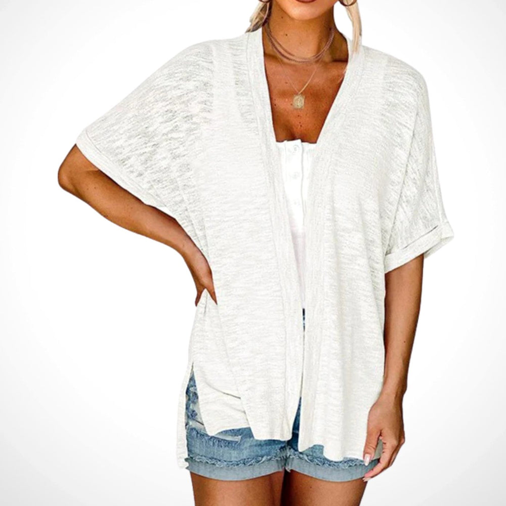 Damen Leichter Kurzarm-Cardigan Offene Front Sommerliche Strickjacke - Weiß