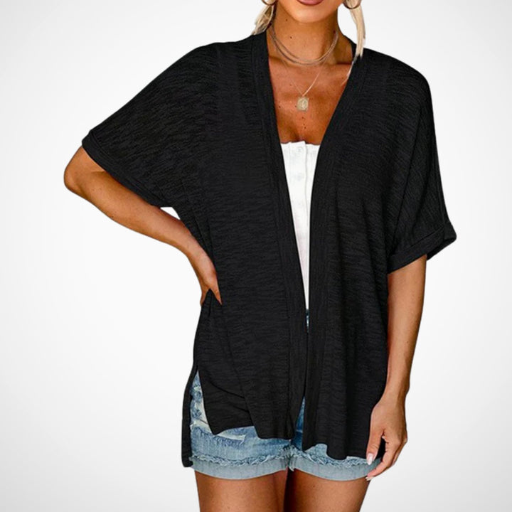 Damen Leichter Kurzarm-Cardigan Offene Front Sommerliche Strickjacke - Schwarz