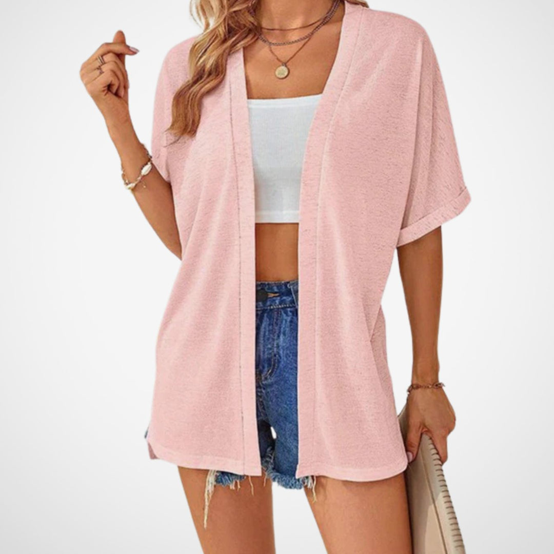 Damen Leichter Kurzarm-Cardigan Offene Front Sommerliche Strickjacke - Rosa