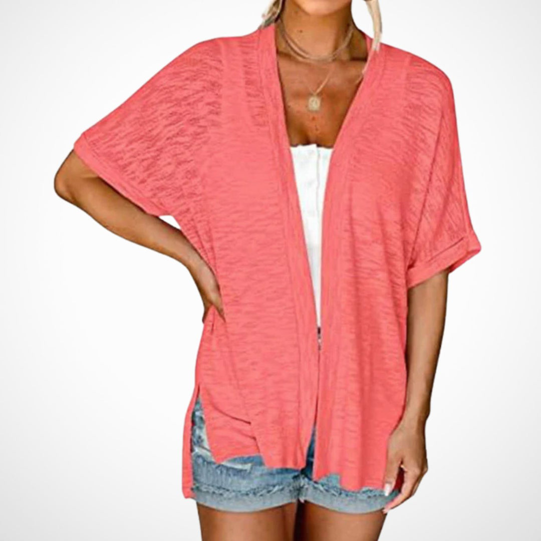 Damen Leichter Kurzarm-Cardigan Offene Front Sommerliche Strickjacke - Wassermelonenrot