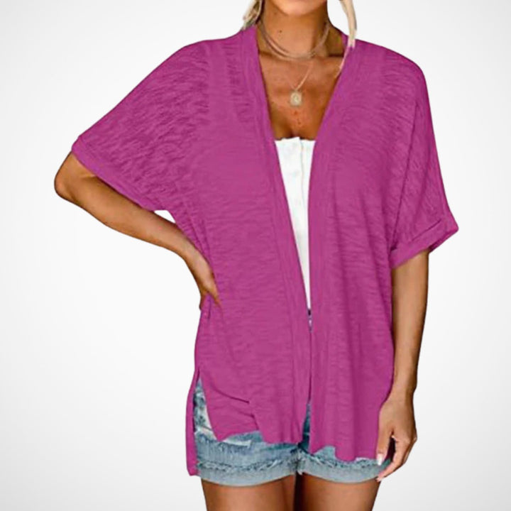 Damen Leichter Kurzarm-Cardigan Offene Front Sommerliche Strickjacke - Rosenrot