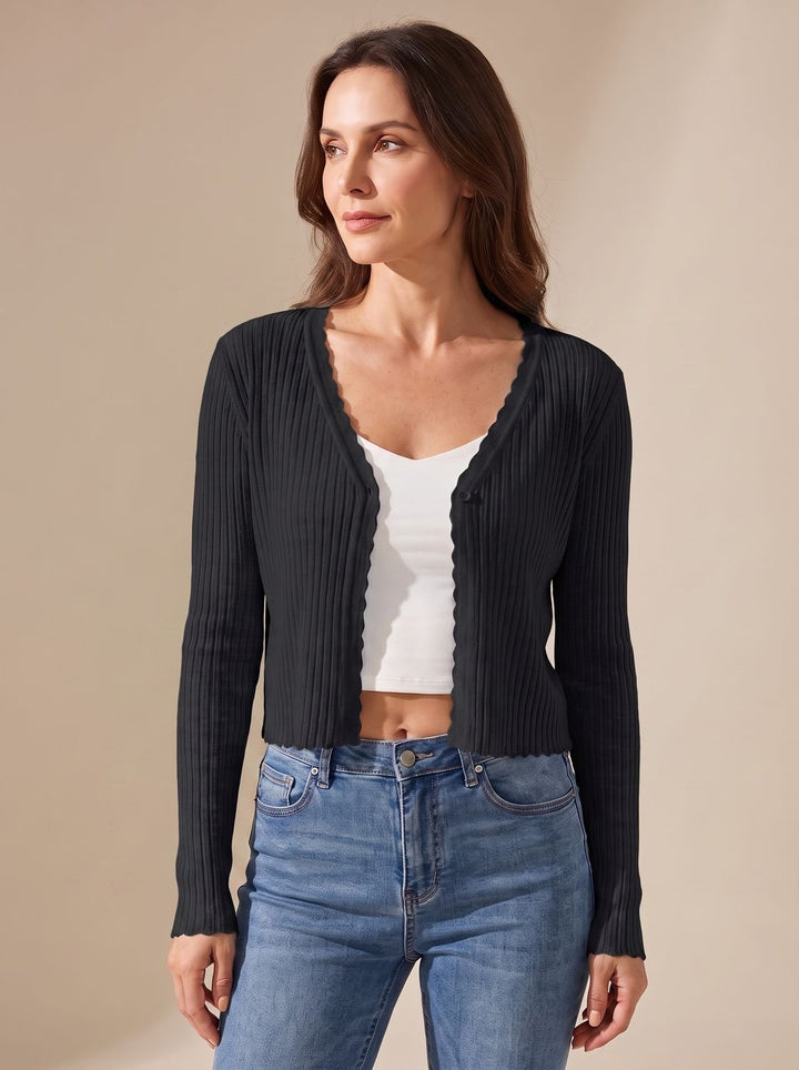 Damen Leichter Sommer-Strick-Cardigan mit V-Ausschnitt - Schwarz