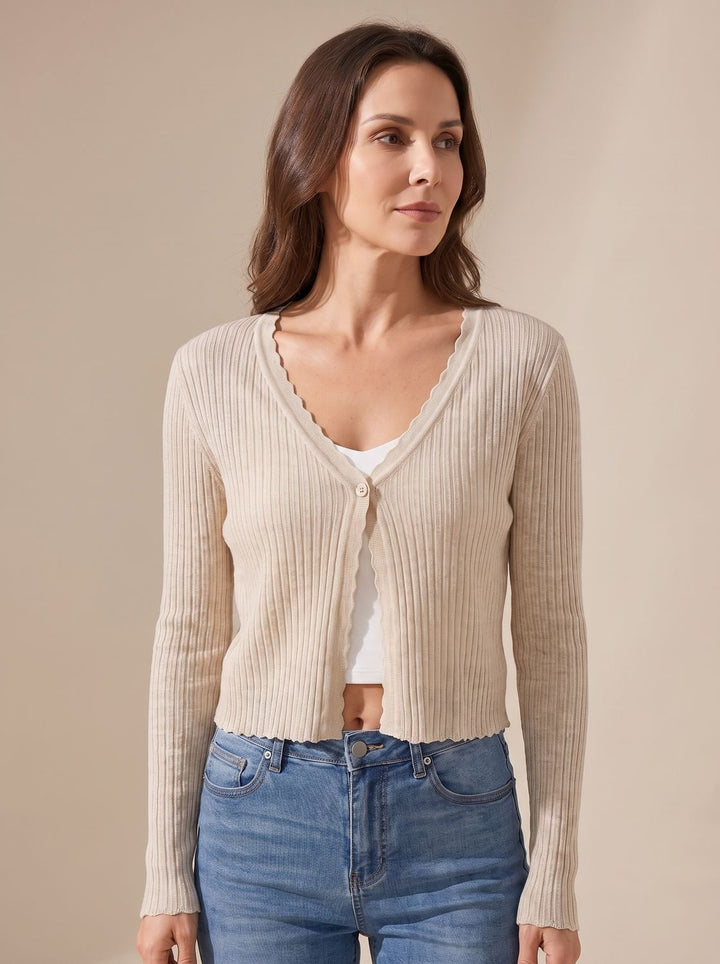 Damen Leichter Sommer-Strick-Cardigan mit V-Ausschnitt - Beige