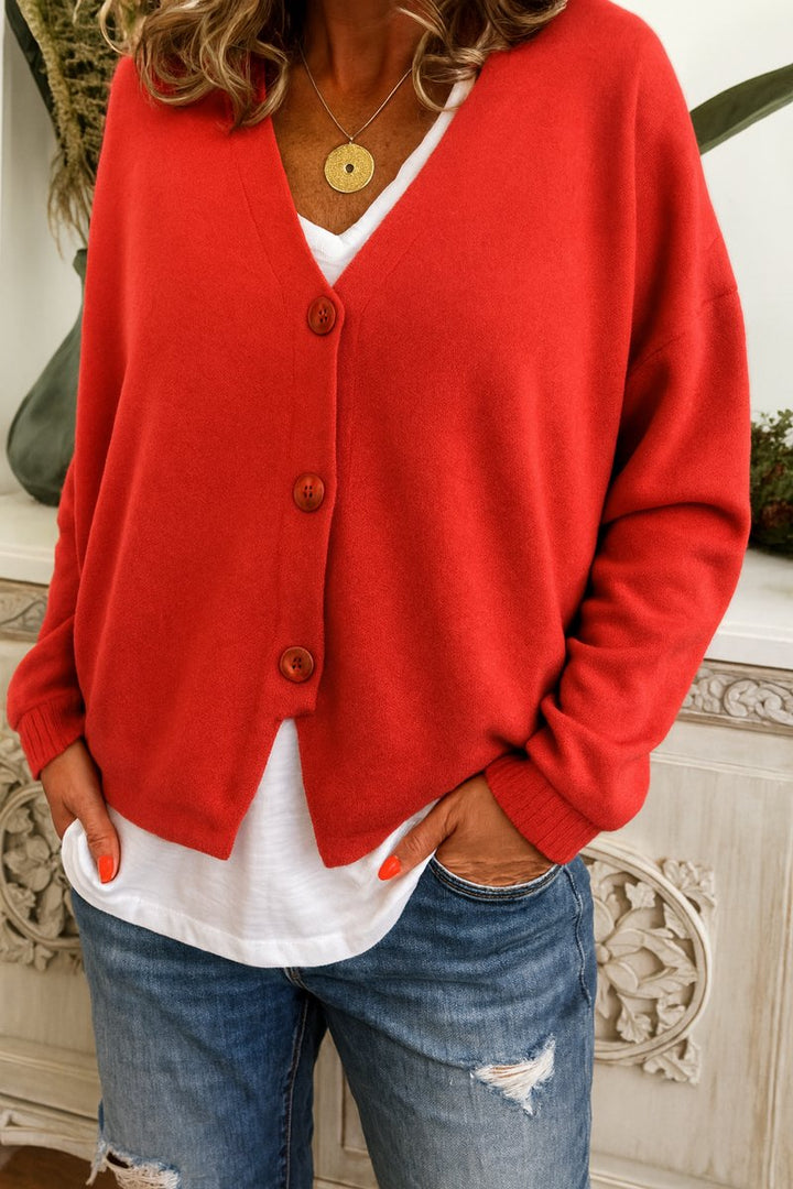 Damen Leichter V-Ausschnitt Geknöpfter Oversized Cardigan - Rot
