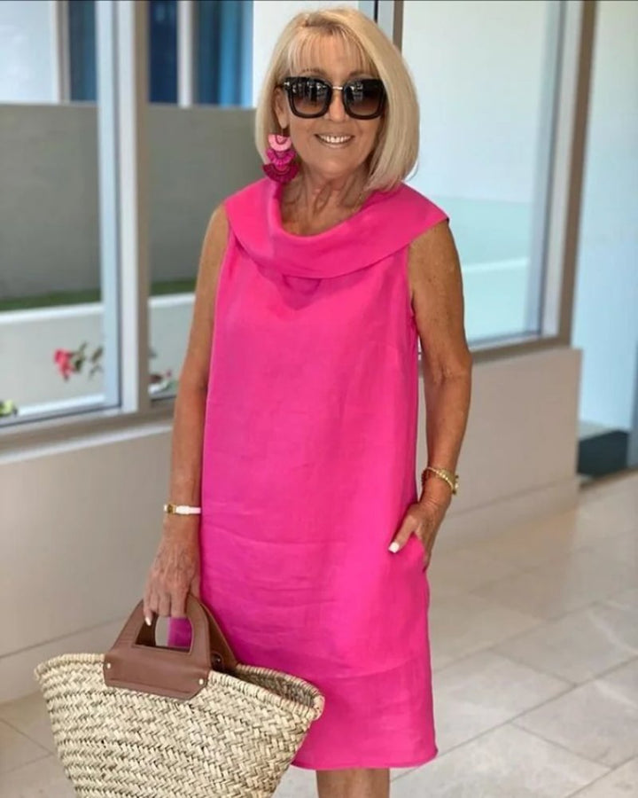 Damen Leichtes Ärmeloses Sommerkleid Weitem Ausschnitt - Pink