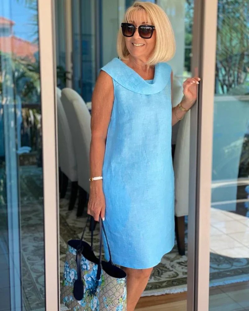 Damen Leichtes Ärmeloses Sommerkleid Weitem Ausschnitt - Sky Blue
