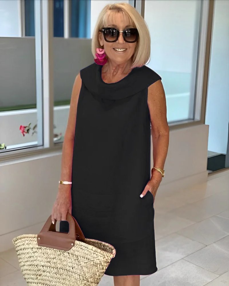 Damen Leichtes Ärmeloses Sommerkleid Weitem Ausschnitt - Black