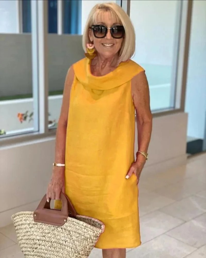 Damen Leichtes Ärmeloses Sommerkleid Weitem Ausschnitt - Yellow