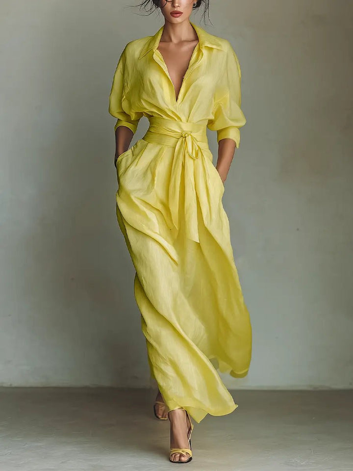Damen Leinen-Baumwoll Maxi Hemdkleid mit V-Ausschnitt - Yellow