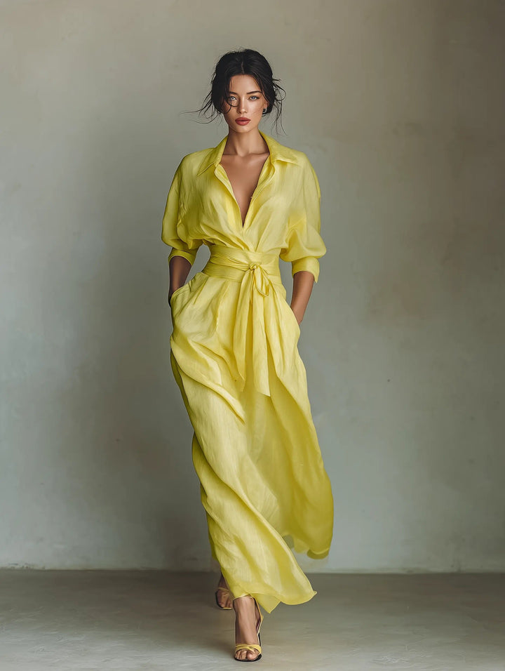 Damen Leinen-Baumwoll Maxi Hemdkleid mit V-Ausschnitt
